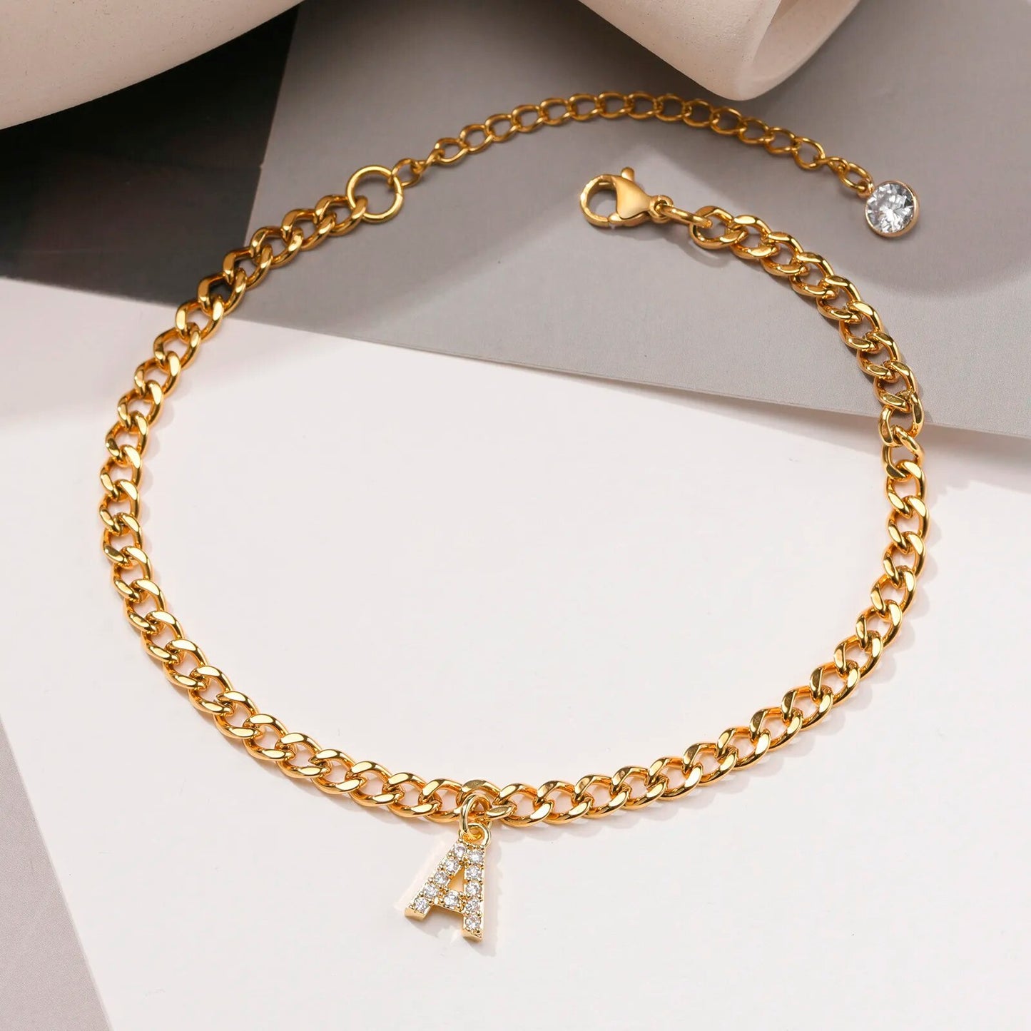 A-Z Initial Gold Cuban Link Anklet
