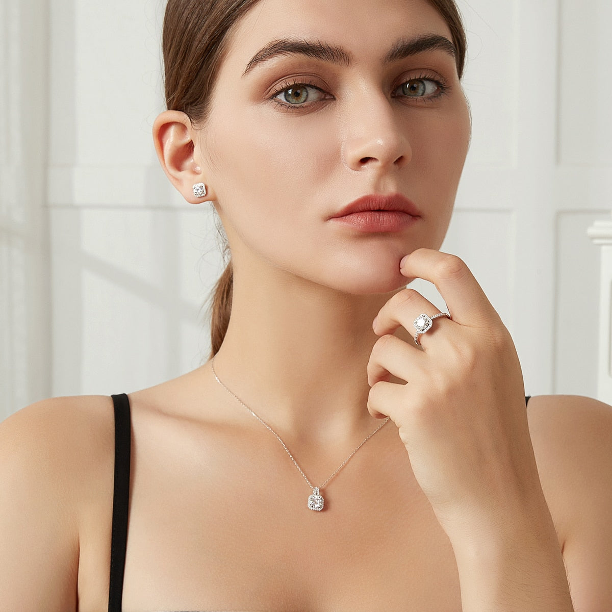 Moissanite Diamond Square Halo Stud Earrings
