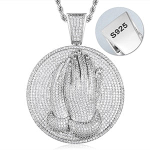 Iced Out Prayer Hands Pendant Necklace 925 Sterling Silver