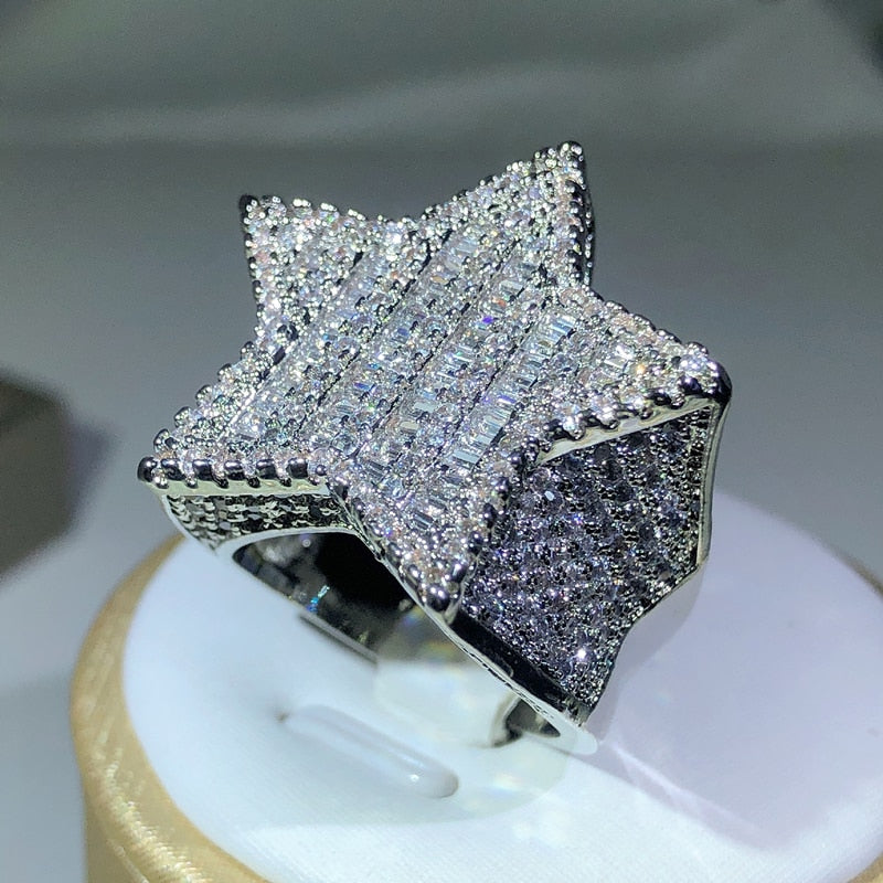 Iced Out White Gold Star Ring