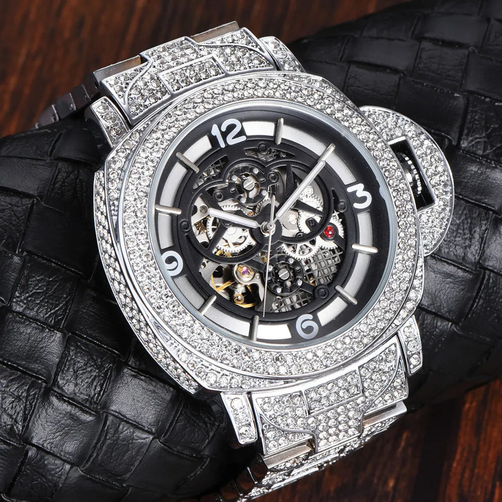 New Hollow Luxury Mechanical Diamond Silver Automatic Watches