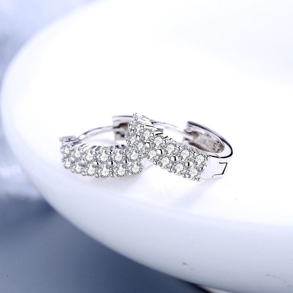 High Quality Double Row Crystal Zircon Round Silver Plated Stud Earrings
