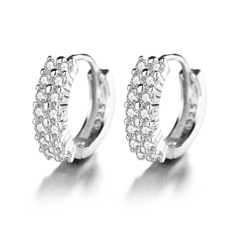 High Quality Double Row Crystal Zircon Round Silver Plated Stud Earrings