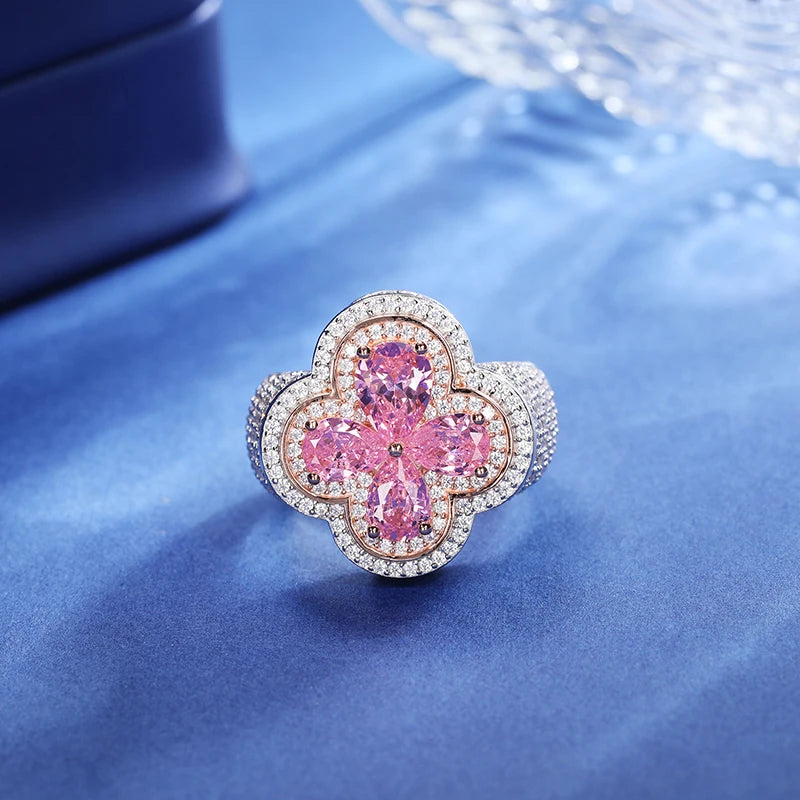 Moissanite Iced Out Lucky Clover Cross Ring With Pink/Blue Water Drop Diamond