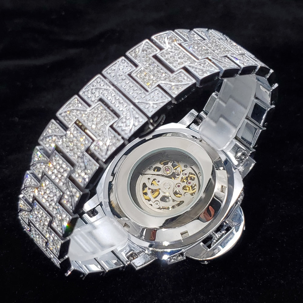 New Hollow Luxury Mechanical Diamond Silver Automatic Watches