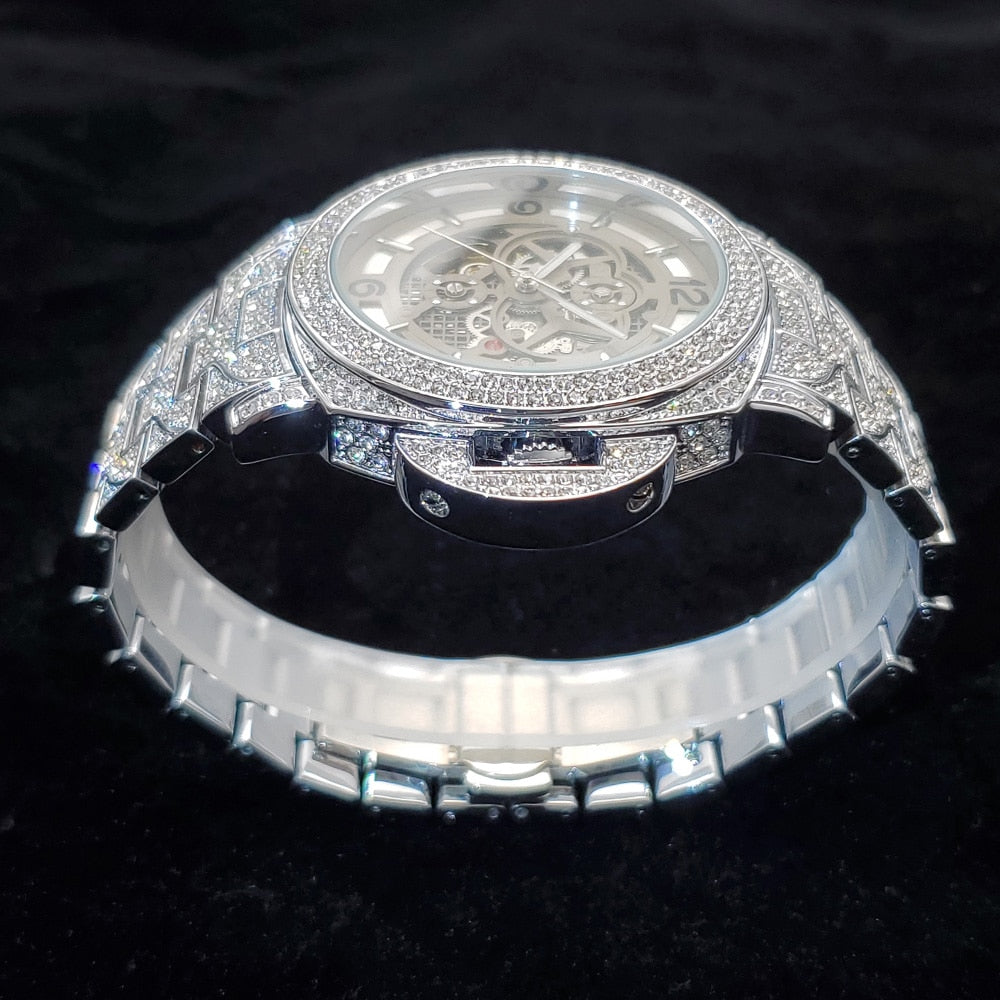 New Hollow Luxury Mechanical Diamond Silver Automatic Watches