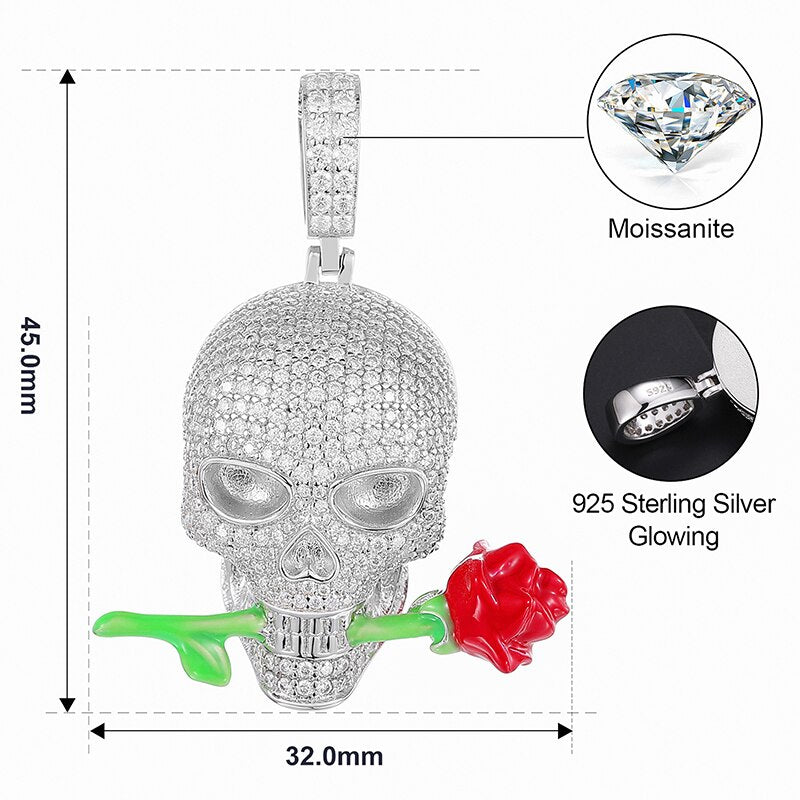 New Glowing Moissanite Skull Rose Pendant