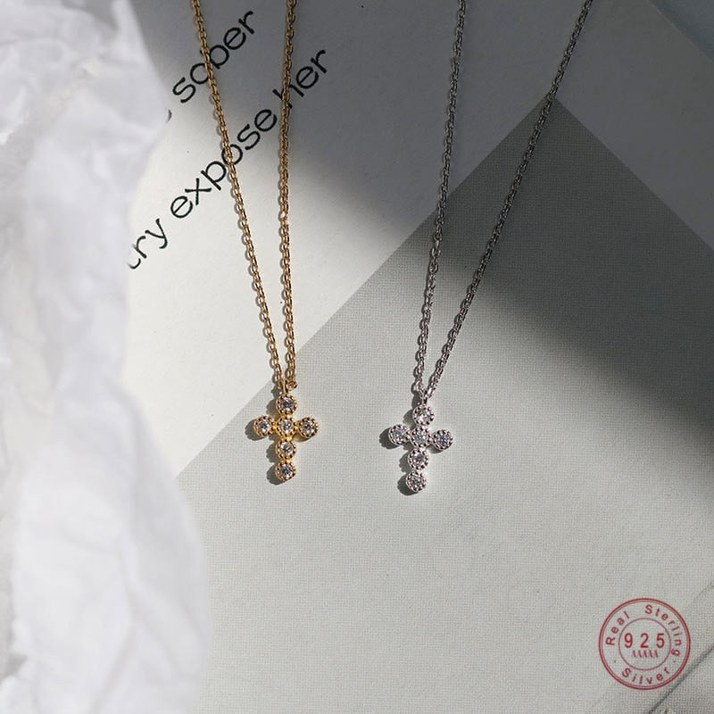 925 Sterling Silver Crystal Cross Pendant Necklace For Women